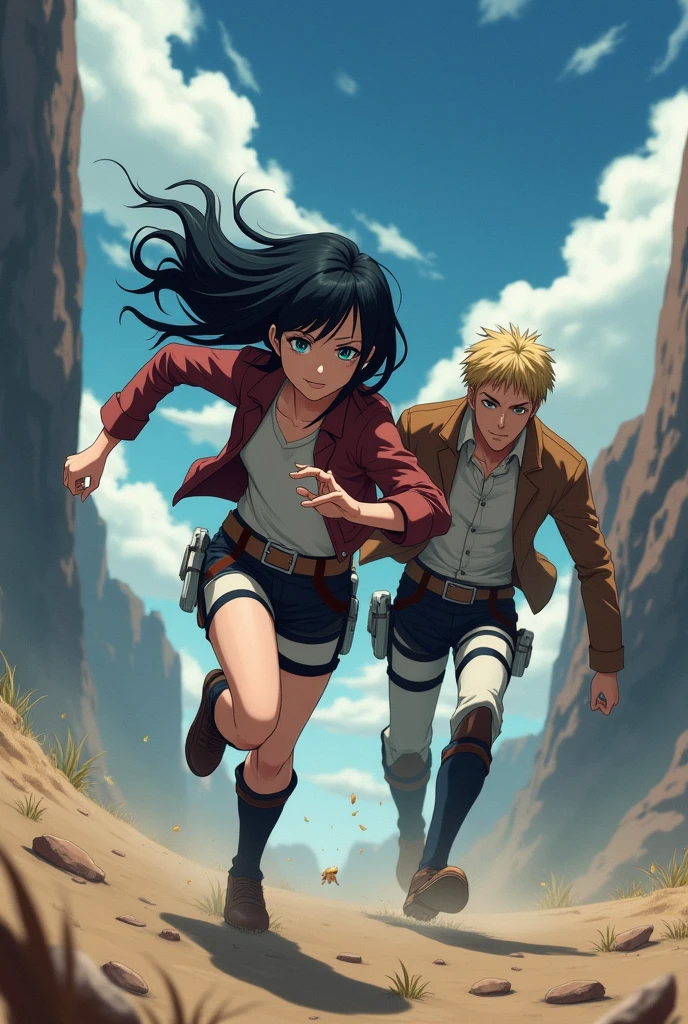 A girl with long black hair and blue eyes runs after the disappearing silhouette of a guy pumped up with short blonde hair. In the anime style, attack of the Titans.
