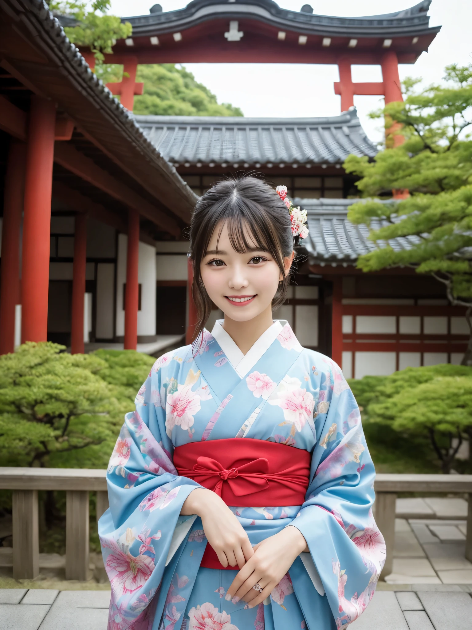 1girl, , cute and beautiful, solo, highres, best_quality, masterpiece, detailed_background, intricate_details, beautiful, kyoto, kodaiji_temple, garden, traditional_clothes, kimono, smile, looking_at_viewer, dynamic_pose, natural_pose, candid, happy