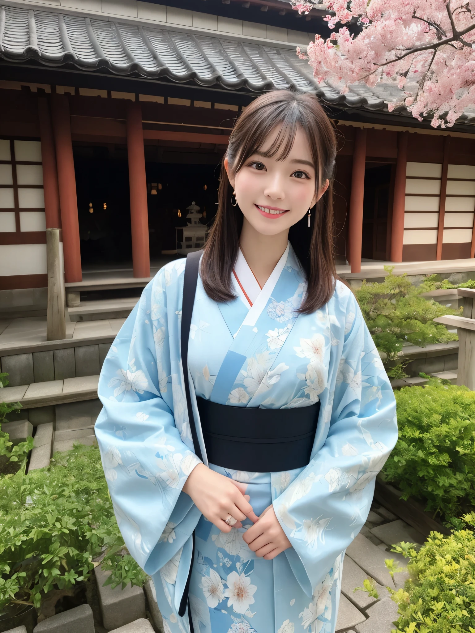 1girl, , cute and beautiful, solo, highres, best_quality, masterpiece, detailed_background, intricate_details, beautiful, kyoto, kodaiji_temple, garden, traditional_clothes, kimono, smile, looking_at_viewer, dynamic_pose, natural_pose, candid, happy