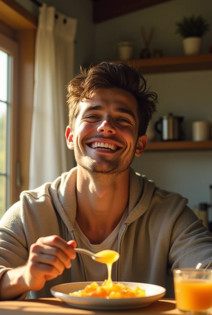 visual of a young man overcoming anxiety or restlessness and feeling happy after drinking 1 spoon of pure honey