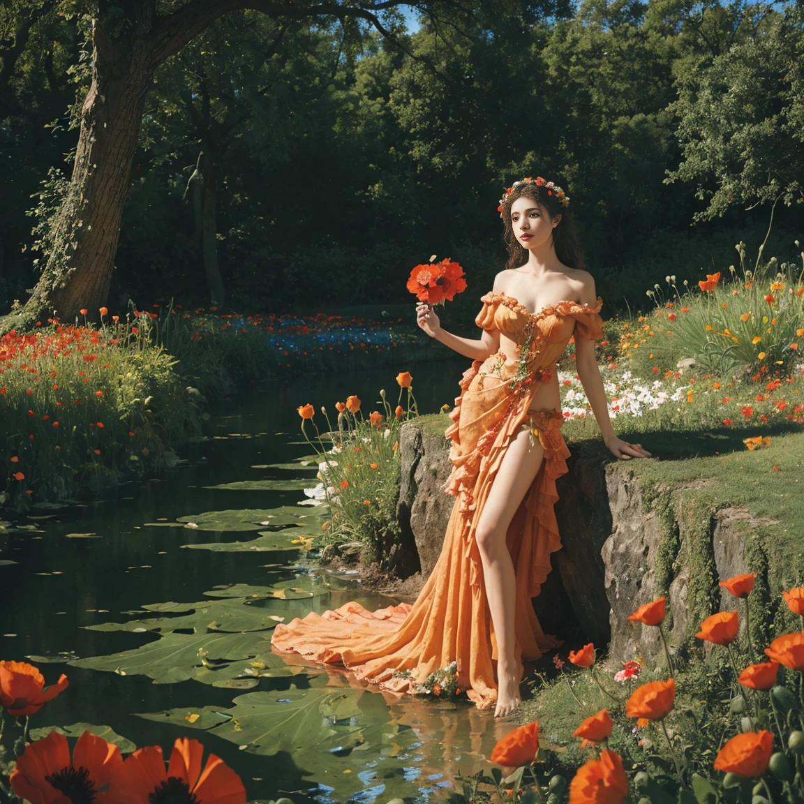 A surrealistic masterpiece by Gustave Moreau and Claude Monet, depicting a Venus statue adorned with vibrant, fluttering poppies. The statue is meticulously detailed, wearing a flowing gown that's juxtaposed with the vivid, swirling poppies that bloom from its base. The colors are a harmonious blend of rich reds, oranges, and yellows, with a touch of green foliage. The overall atmosphere is dreamlike and otherworldly, a testament to the artistic collaboration between these two renowned artists.