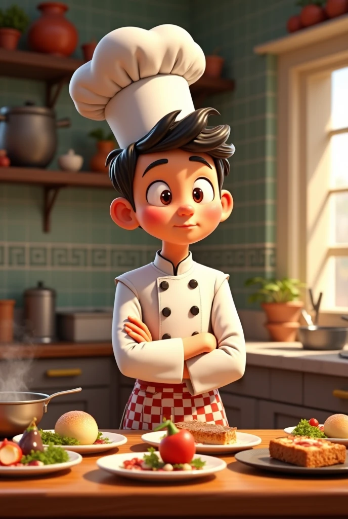 Animated chef looking at a table