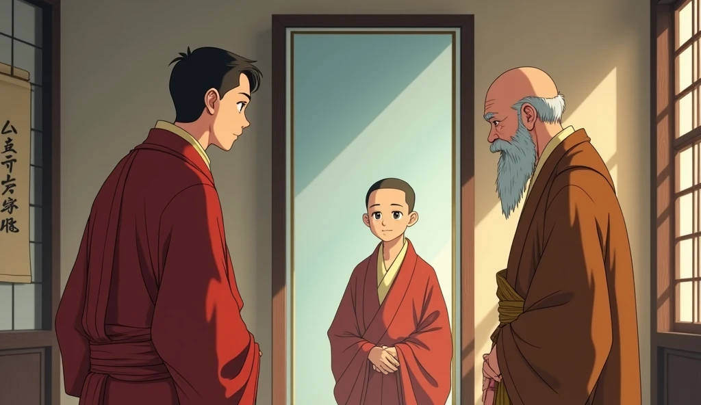 20 year old monk student looking at large mirror and his reflection is showing which is hanging inside room and next to him his master monk is standing who looks fat but wisdom full , in anime style,