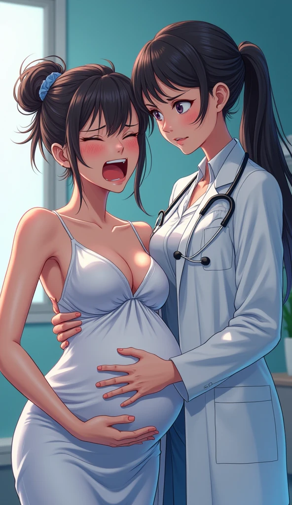 8k , Best quality, high resolution ,2 girls ,couple focus ,multiple girls ,(((yuri))) , 27 years old , from above ,((( beautiful detailed face ,Very beautiful woman ))) ,((( beautiful detailed body ))) ,((( beautiful detailed  ))),A delivery table in a gynecology department, (blonde hair Pregnant woman and black hair female doctor ), ((((( female doctor licking Pregnant woman's breast ))))) ,nsfw ,