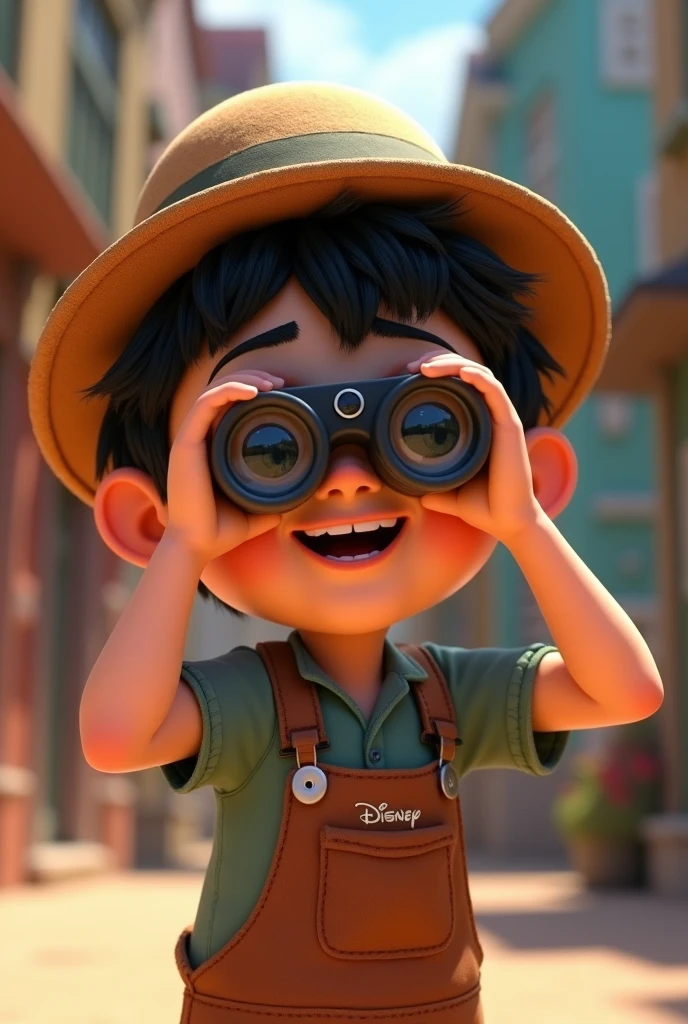 Create a 3D Disney Pixar character of a light-skinned boy with a hat and black hair, looking through binoculars with a happy smile. body tilted to the left