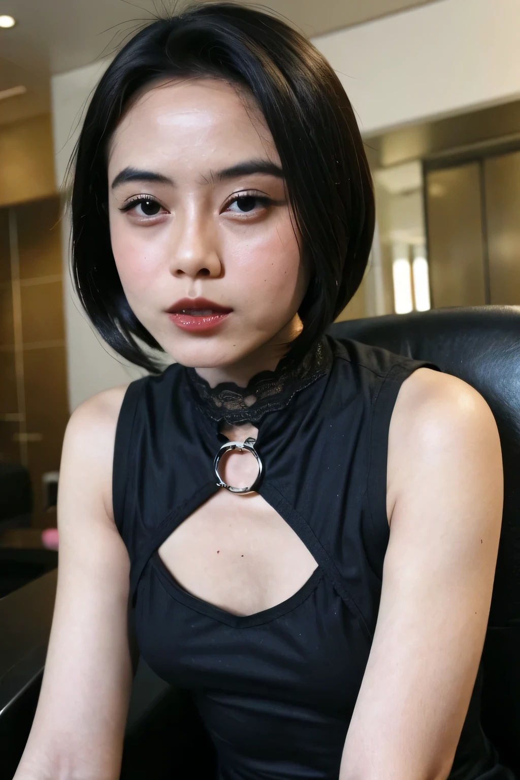 ((3x-UltraSharp)), ((NECK LACE)), ((GOTHIC BLACK EYELASHES & LIPS)), ((BLACK LIPS)), ((Very Shorthaircut)), adorable, 1 girl, (face to face), 10 years old, baby face, happy, half body portrait, (face details: 1), (eye details: 1), ((tiny breasts)). ((croptank latch leopard pattern)), ((net stockings)), lingerie ((red lips)), view from lie down, (naked pink)