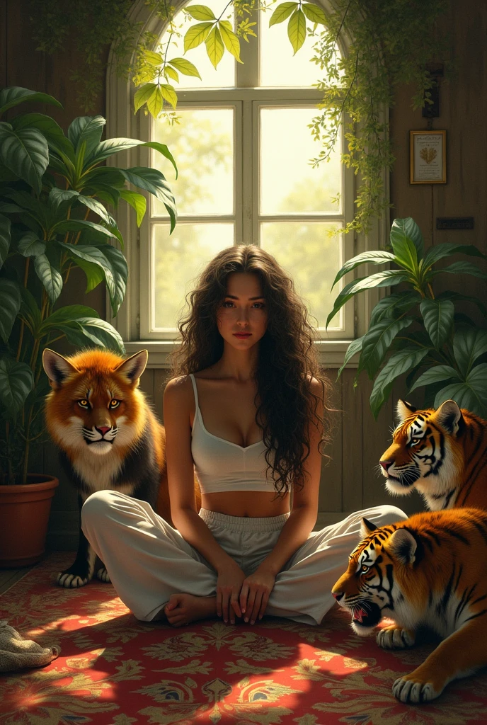 (photorealism:1.2), beautiful woman, sitting on in forest, wearing full, pajama pants, long curly hair, indoors forest, soft lighting, very big plants in background, window with sunlight, cozy room, trouble pose, araund danger fox, lion, tiger, intricate details, warm colors, by Greg Rutkowski, by Alphonse MuchaThe whole world is covered with the tricolor, 5 aircraft are raining saffron color in the sky, Indian people are saluting a big tricolor flag, on one side the military is taking out a tableau of freedom.