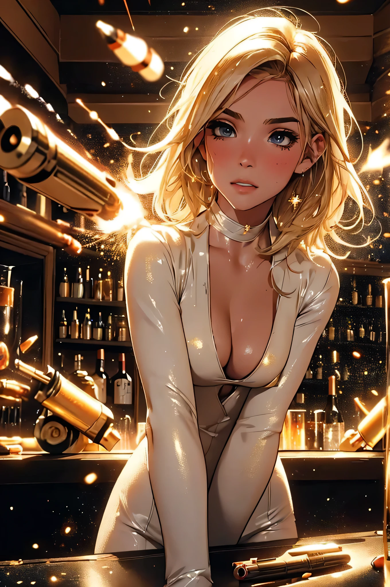 girl at a nightclub sitting at bar, eyeliner (masterpiece) (best quality) (detailed) (8k) (HDR) (wallpaper) (cinematic lighting) (sharp focus) (intricate) blonde hair, biting lip, medium hair, white and gold bodysuit outfit, y, blush, aroused, clehiny , wet skin, girl, dark makeup, (((firing,bullet,gun,light particles))),
