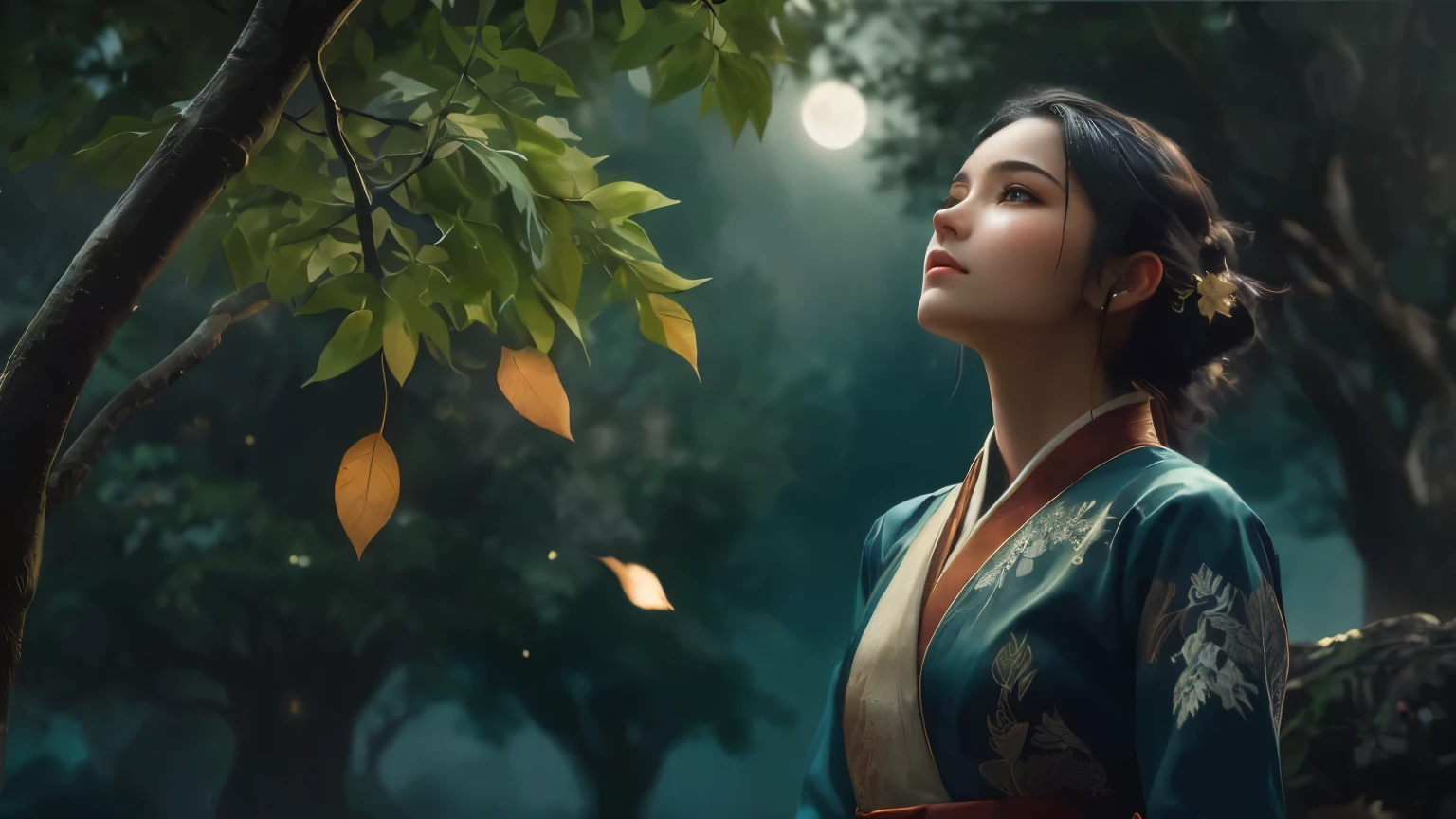 Under the starlit epic fantasy sky, a radiant young woman, around 20 years old, stands elegantly under an ancient, moonlit tree. She wears a pristine white suit, her head tilted back, gazing upwards. A single, golden leaf floats down, catching her attention as she gracefully reaches out to catch it. Her expression is thoughtful, tinged with a touch of melancholy. The cinematic matte art captures the enchanting moment, with the moonlight casting long, dramatic shadows and the tree's silhouette standing tall against the night sky. epic fantasy art, cinematic matte