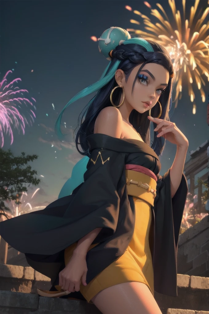 masterpiece, best quality, solo, 1girl, nessarnd, dark skin, makeup, single hair bun, kimono, hoop earrings, bare shoulders, fireworks 