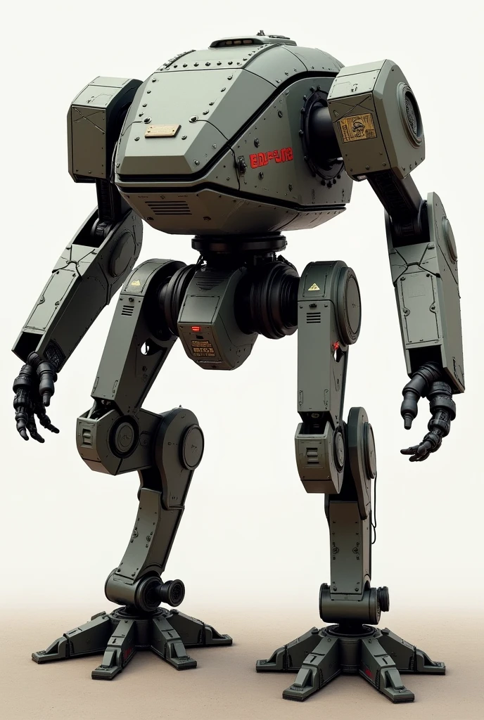 The ED-209, aka Enforcement Droid Series 209, is an impressive, heavily armed robot , a massive, sturdy body covered with smooth metal plates. These panels are finished with rivets and panels that give it an industrial look. Its head resembles a cockpit, although it controls itself. The head is large and oblong, with a large visor that looks like a helmet There are two large cannons on its sides. The ED-209's legs are curved backwards, giving it a chicken-like appearance. These legs are telescopic and can be extended to vary its height. They are equipped with hinges and swivel joints Details: Exposed wires and mechanical details can be seen throughout the body. It also has small warning signs in various places indicating its danger The ED-209 has a metallic finish with deep gray tones and black accents. Red highlights can be seen in some places