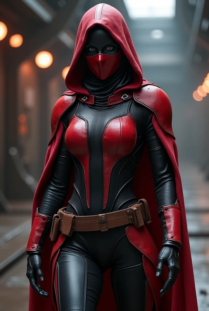(photorealism:1.2), female sith, full body sci-fi armor, small breast plate, leather robe, hood, face mask, red and black coloring,