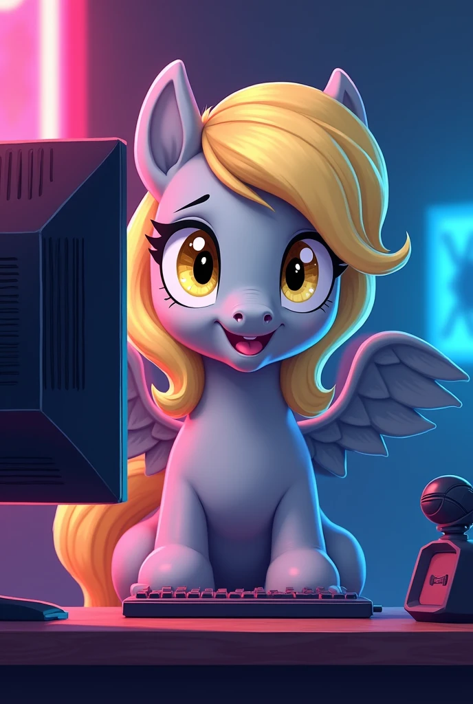 I want a picture of Derpy Hooves her skin color is gray, and her hair is golden, golden eyes and grey wings, I want it to be on a gamer PC looking at the camera and the monitor, this is a YouTube channel that says "doge the experimenter" RGB lights and Derpy is happy