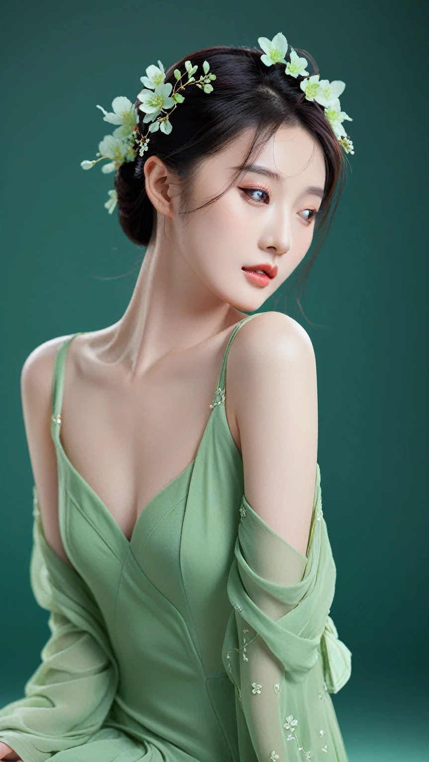 A woman in a green dress、Close-up of a woman with flowers on her head, Beautiful Chinese model, Cute and elegant pose, Amazingly graceful pose, author:Ye Xin, Chinese Girl, elegant side pose, author:Zhang Han, Yu Zhiding, Beautiful Korean woman, by Xia Yong, Beautiful Asian girl, Li Song, Wearing a robe, Ethereal Beauty, Chinese
