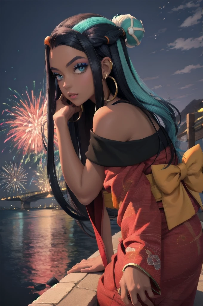 masterpiece, best quality, solo, 1girl, nessarnd, dark skin, makeup, single hair bun, kimono, hoop earrings, bare shoulders, fireworks 