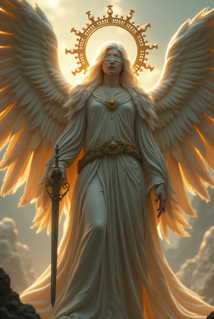 A huge angel with blindfold and wheels around his head with hair of light and huge wings with a sword in his hands 