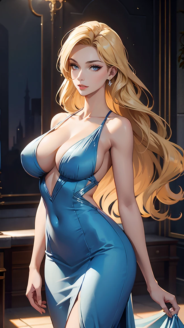 Veronica Crawford's face is a portrait of classic beauty, with high cheekbones, a refined jawline, and a flawless, sun-kissed complexion. Her eyes are a warm, inviting shade of hazel that sparkle with a hint of mischief. Her golden blonde hair cascades in soft, voluminous waves down her back, catching the light with every movement. Standing at 5'7", she boasts a statuesque figure with an elegant, slender build that effortlessly draws attention. Her posture and poise reflect her confidence and grace, enhancing her overall allure. She's wearing a light blue dress that covers her modestly. She has a tattoo on her left wrist