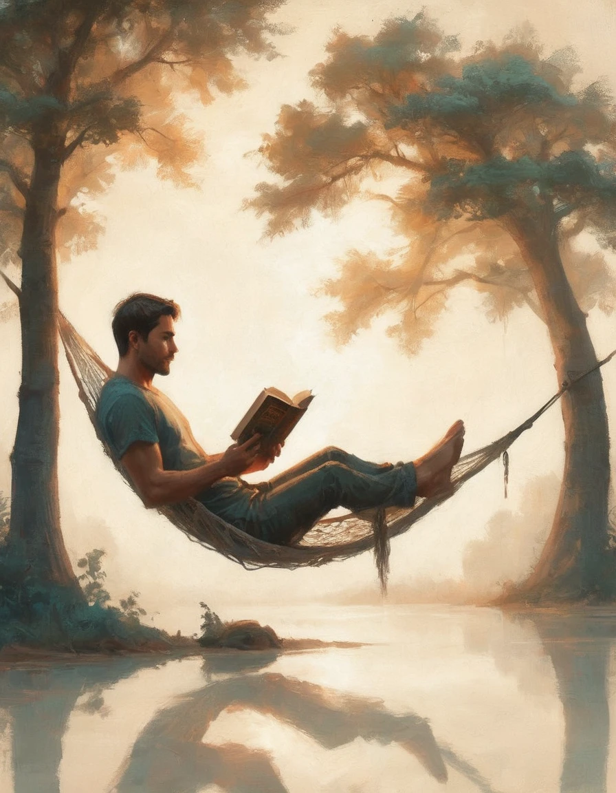 Hyperreal digital art style, "Fairytale", fantasy world coming out of centered book, open book, hyperdetailed double exposure fantasy illustration, masterpiece, cinematic, by Andreas Lie, Luke Gram, photorealism, backlit, gorgeous light, a man resting in a hammock reading a book