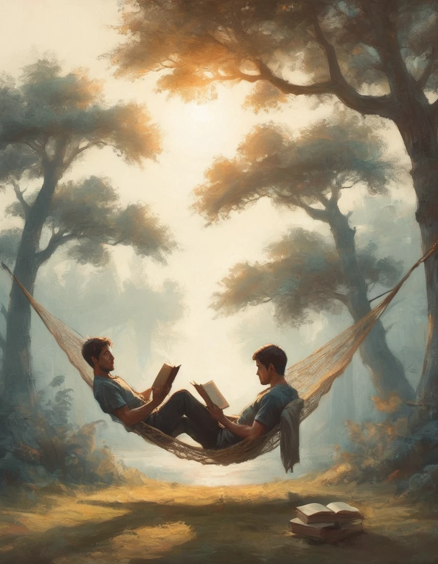 Hyperreal digital art style, "Fairytale", fantasy world coming out of centered book, open book, hyperdetailed double exposure fantasy illustration, masterpiece, cinematic, by Andreas Lie, Luke Gram, photorealism, backlit, gorgeous light, a man resting in a hammock reading a book
