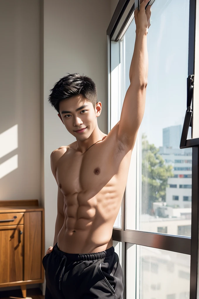 ((masterpiece)), ((best quality)), ((high resolution)), ((Detailed background)), ((extremely detailed)), 1 person,solo, Young men,Asian,male model,black hair,short hair,Smile,Sexy breasts,thin waist,6 pack abs,black shorts,Detailed physical description, in the room,Floor-to-ceiling windows,Sunlight,The shooting angle is from the bottom up, lifted arms, shaved armpits