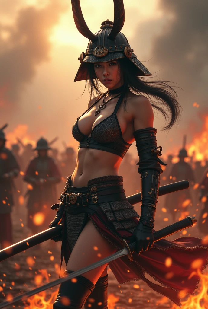 Japan Female Samurai、Female warriors of the Sengoku period、Wearing a helmet、Scene of fierce fighting、There are many people fighting around、Flames are rising all around、Sense of presence。Real、Genuine、２５age、Black Hair, elf ears, cleavage, thigh, short skirt, sexy