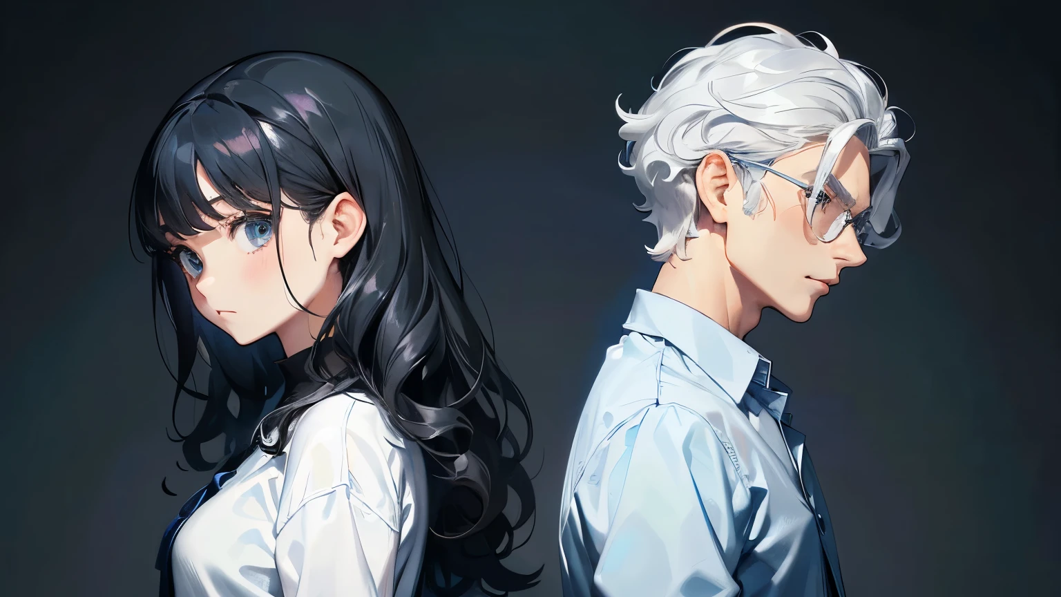 1 man (silver hair, short hair, curly hair, blue shirt), 1 woman (black hair, long hair, waves, white shirt), upper body composition, side angle, no background, two people back to back (man and woman), sad Expression, highest quality, masterpiece