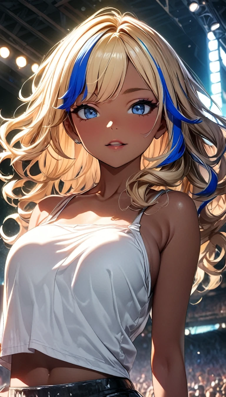 (highest quality:1.2, Very detailed, up to date, Vibrant, Ultra-high resolution, High Contrast, masterpiece:1.2, highest quality, Best aesthetics), Portraiture、girl、slim, long hair, ((wavy hair:0.6))、messy hair, blonde and blue ((streaked hair:1.3)), highlights hair: 1.3, medium breast, (tan skin:1.3), (sexy ), bra, thong, (sexy lingerie:1.6), lying on the bed, bright bed room, happy, Bright colors、Beautiful fine details、Beautiful lip detail、upper body, from above