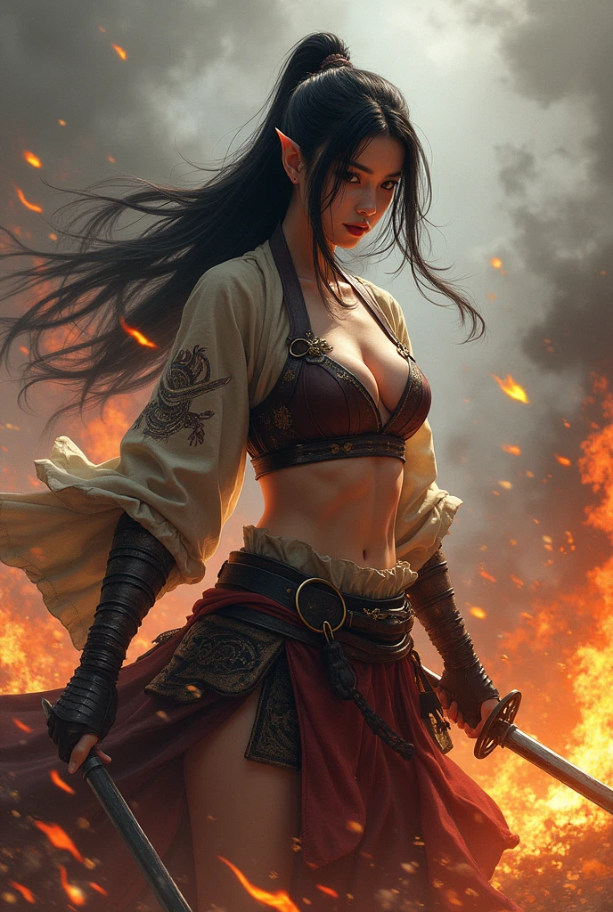 Japan Female Samurai、Female warriors of the Sengoku period、Wearing a helmet、Scene of fierce fighting、There are many people fighting around、Flames are rising all around、Sense of presence。Real、Genuine、25age、Black Hair, elf ears, cleavage, thigh, short skirt, sexy