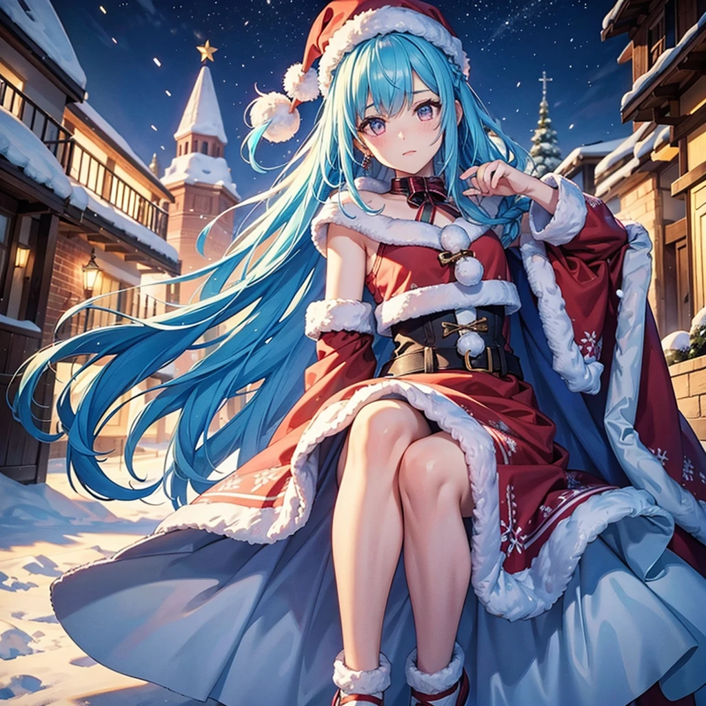 (Sky Blue Hair),(Braided Hair),(Pink Eyes),(Fair Skin),(Full Body),(Alone),(Santa Claus Clothes),(Giant Christmas Tree in the Background),(Snowy Night),Sparkling Night Sky,(Masterpiece, Top Quality, Very Detailed, Best Shadows),(Detailed Background),(Beautifully Detailed Face),High Contrast,(Best Lighting, Very Delicate and Beautiful),((Cinematic Light)),Hyper Detail,8k,Dramatic Light,Exquisite Detail,
