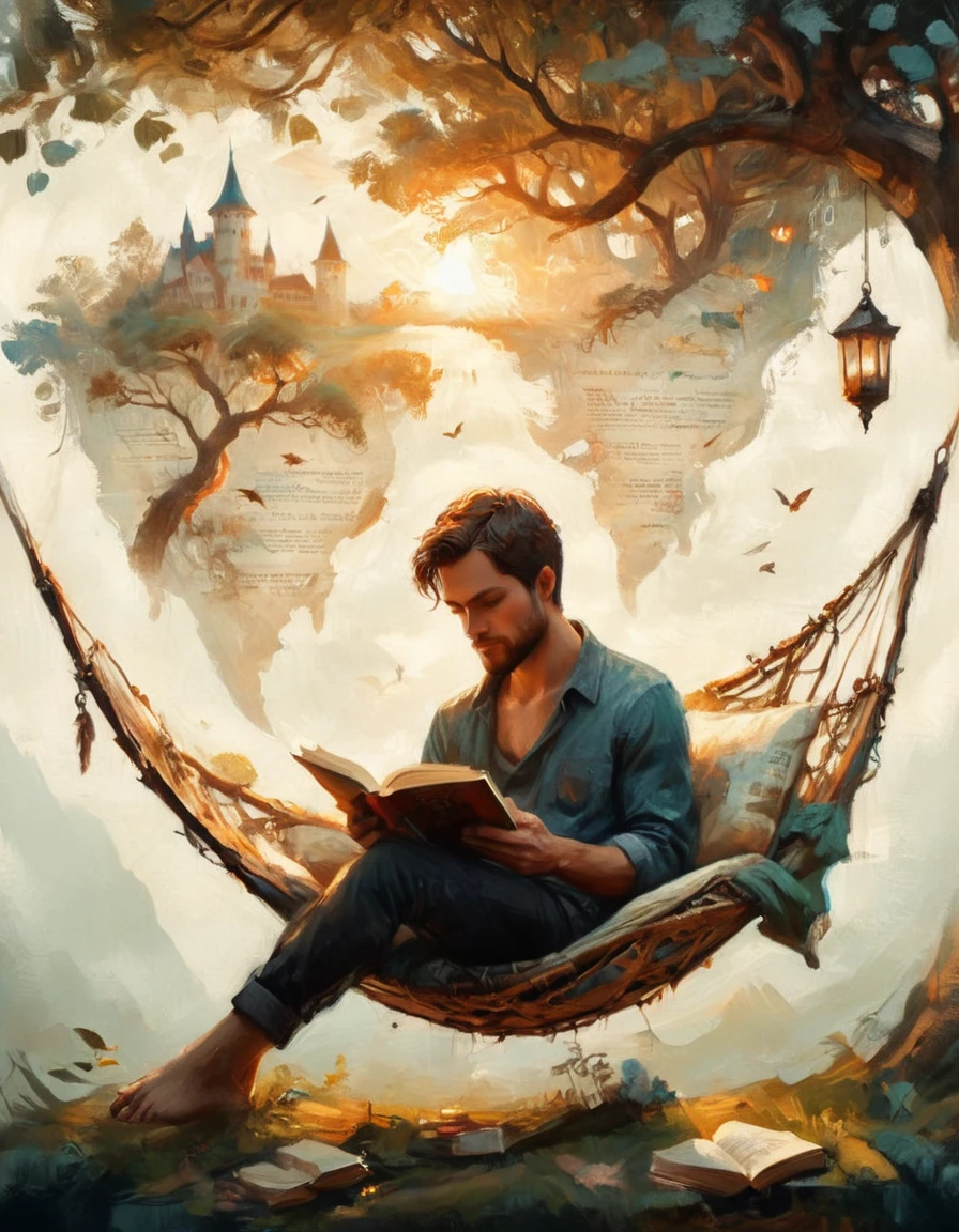Hyperreal digital art style, "Fairytale", fantasy world coming out of centered book, open book, hyperdetailed double exposure fantasy illustration, masterpiece, cinematic, by Andreas Lie, Luke Gram, photorealism, backlit, gorgeous light, a man resting in a hammock reading a book