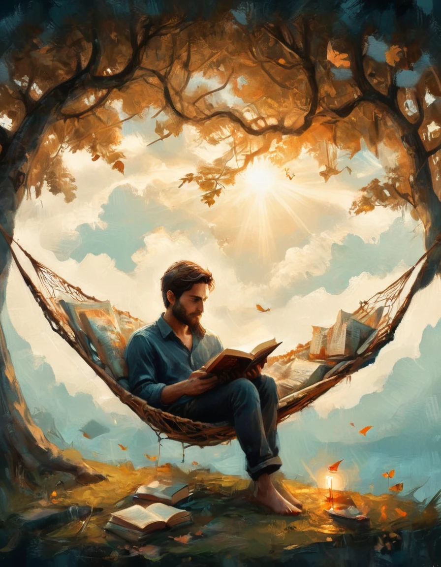 Hyperreal digital art style, "Fairytale", fantasy world coming out of centered book, open book, hyperdetailed double exposure fantasy illustration, masterpiece, cinematic, by Andreas Lie, Luke Gram, photorealism, backlit, gorgeous light, a man resting in a hammock reading a book