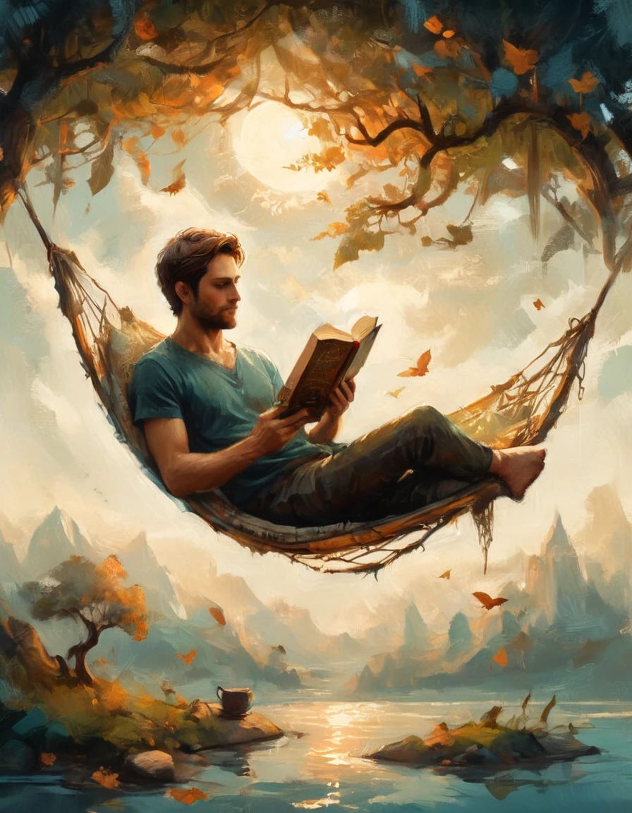 Hyperreal digital art style, "Fairytale", fantasy world coming out of centered book, open book, hyperdetailed double exposure fantasy illustration, masterpiece, cinematic, by Andreas Lie, Luke Gram, photorealism, backlit, gorgeous light, a man resting in a hammock reading a book
