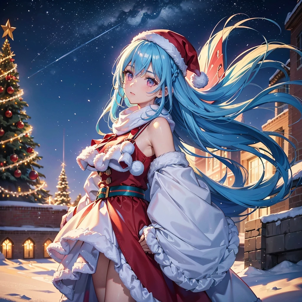 (Sky Blue Hair),(Braided Hair),(Pink Eyes),(Fair Skin),(Full Body),(Alone),(Santa Claus Clothes),(Giant Christmas Tree in the Background),(Snowy Night),Sparkling Night Sky,(Masterpiece, Top Quality, Very Detailed, Best Shadows),(Detailed Background),(Beautifully Detailed Face),High Contrast,(Best Lighting, Very Delicate and Beautiful),((Cinematic Light)),Hyper Detail,8k,Dramatic Light,Exquisite Detail,