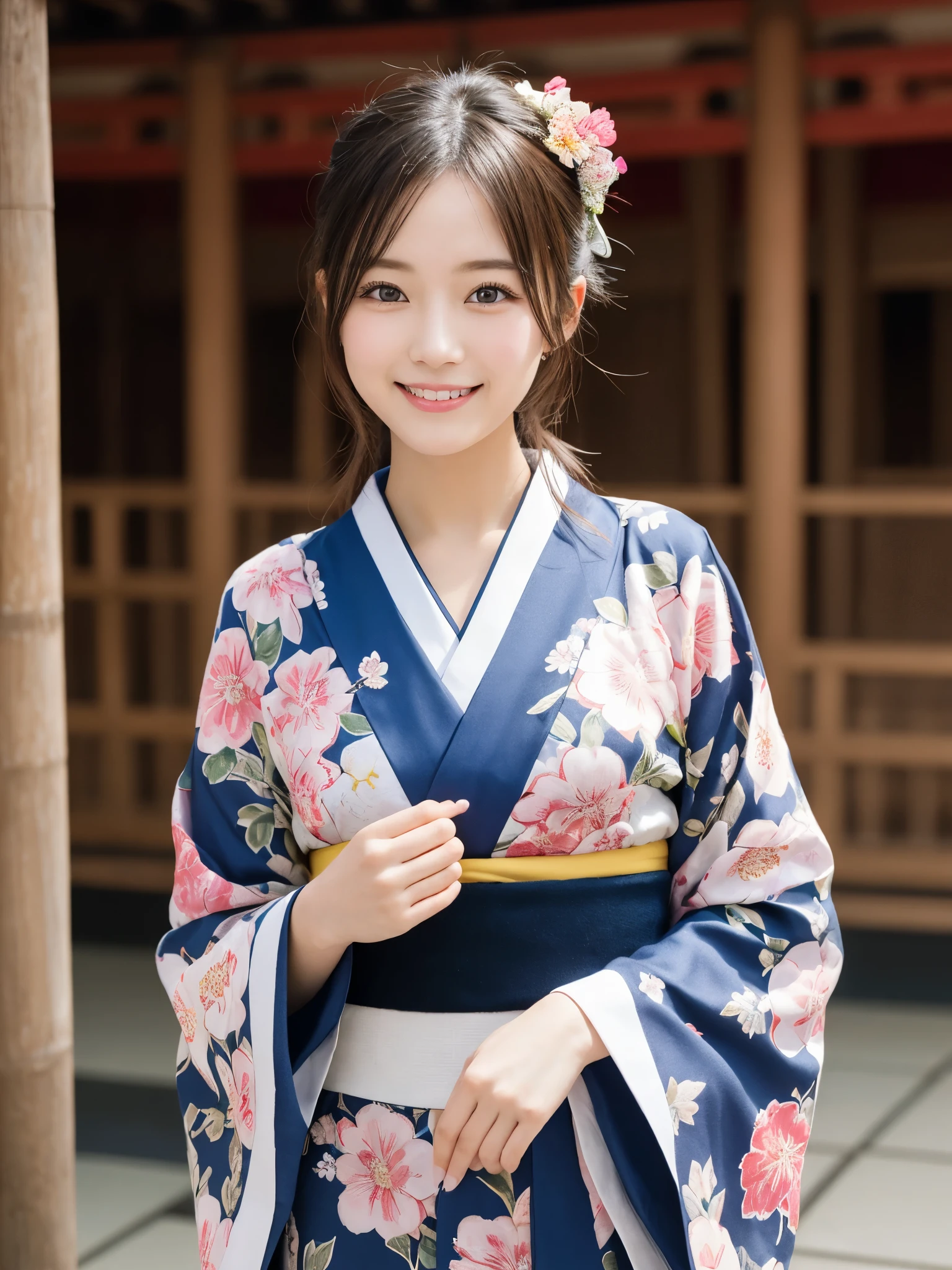 1girl, , cute and beautiful, solo, highres, best_quality, masterpiece, detailed_background, intricate_details, beautiful, kyoto, kodaiji_temple, garden, traditional_clothes, kimono, smile, looking_at_viewer, dynamic_pose, natural_pose, candid, happy