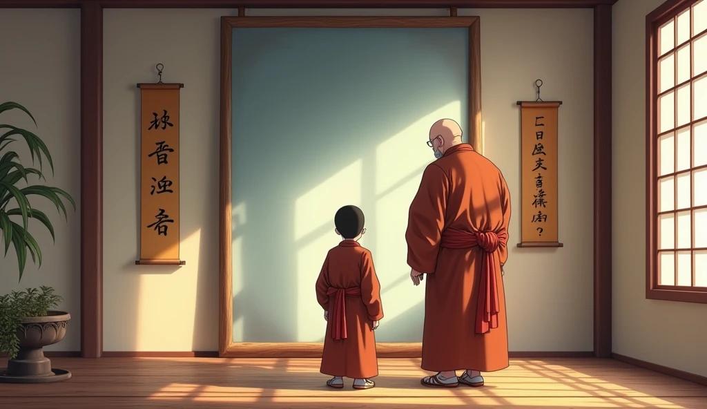 Young monk student looking at large mirror and his reflection is showingat mirror which is hanging inside room and next to him his master monk is standing who looks fat but wisdom full , in anime style,