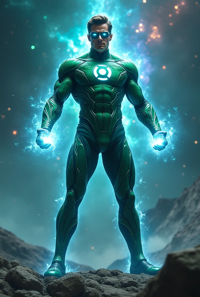 create a very powerful superhero inspired by the green lantern costume with another color




