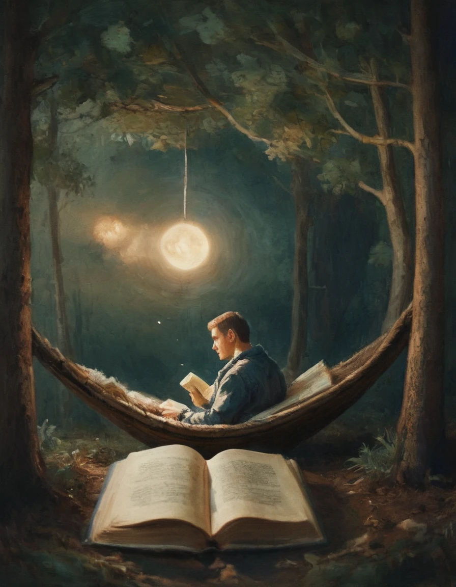 Hyperreal digital art style, "Fairytale", fantasy world coming out of centered book, open book, hyperdetailed double exposure fantasy illustration, masterpiece, cinematic, by Andreas Lie, Luke Gram, photorealism, backlit, gorgeous light, a man resting in a hammock reading a book