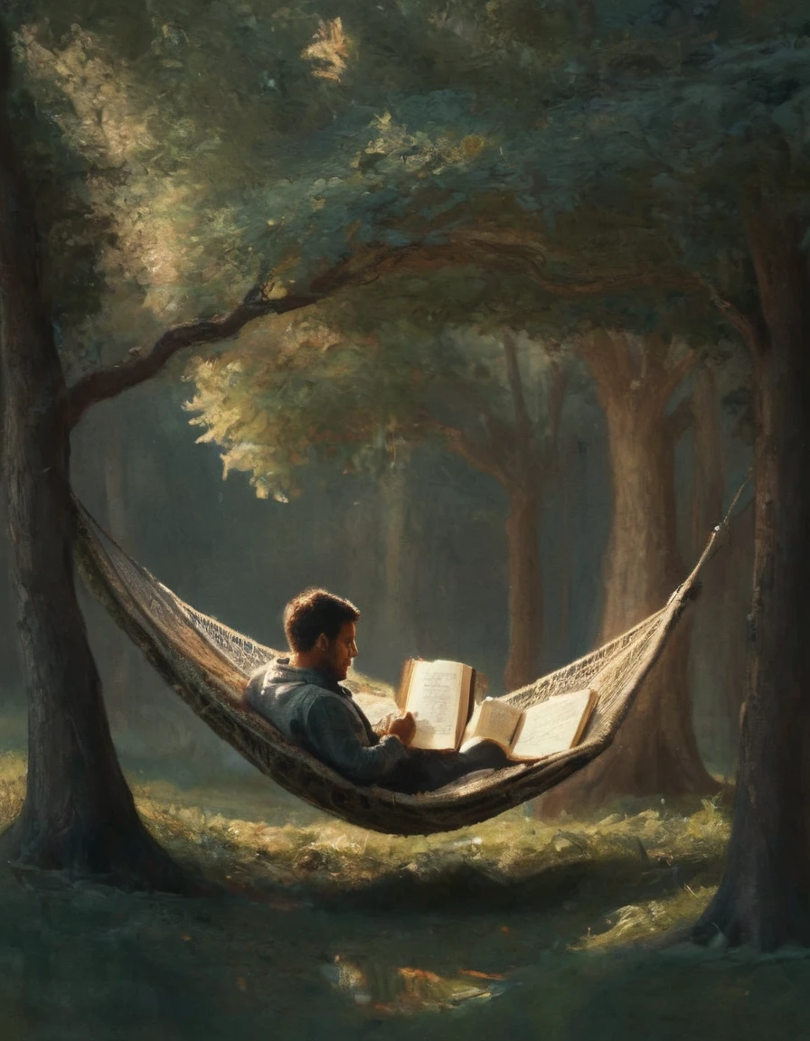 Hyperreal digital art style, "Fairytale", fantasy world coming out of centered book, open book, hyperdetailed double exposure fantasy illustration, masterpiece, cinematic, by Andreas Lie, Luke Gram, photorealism, backlit, gorgeous light, a man resting in a hammock reading a book