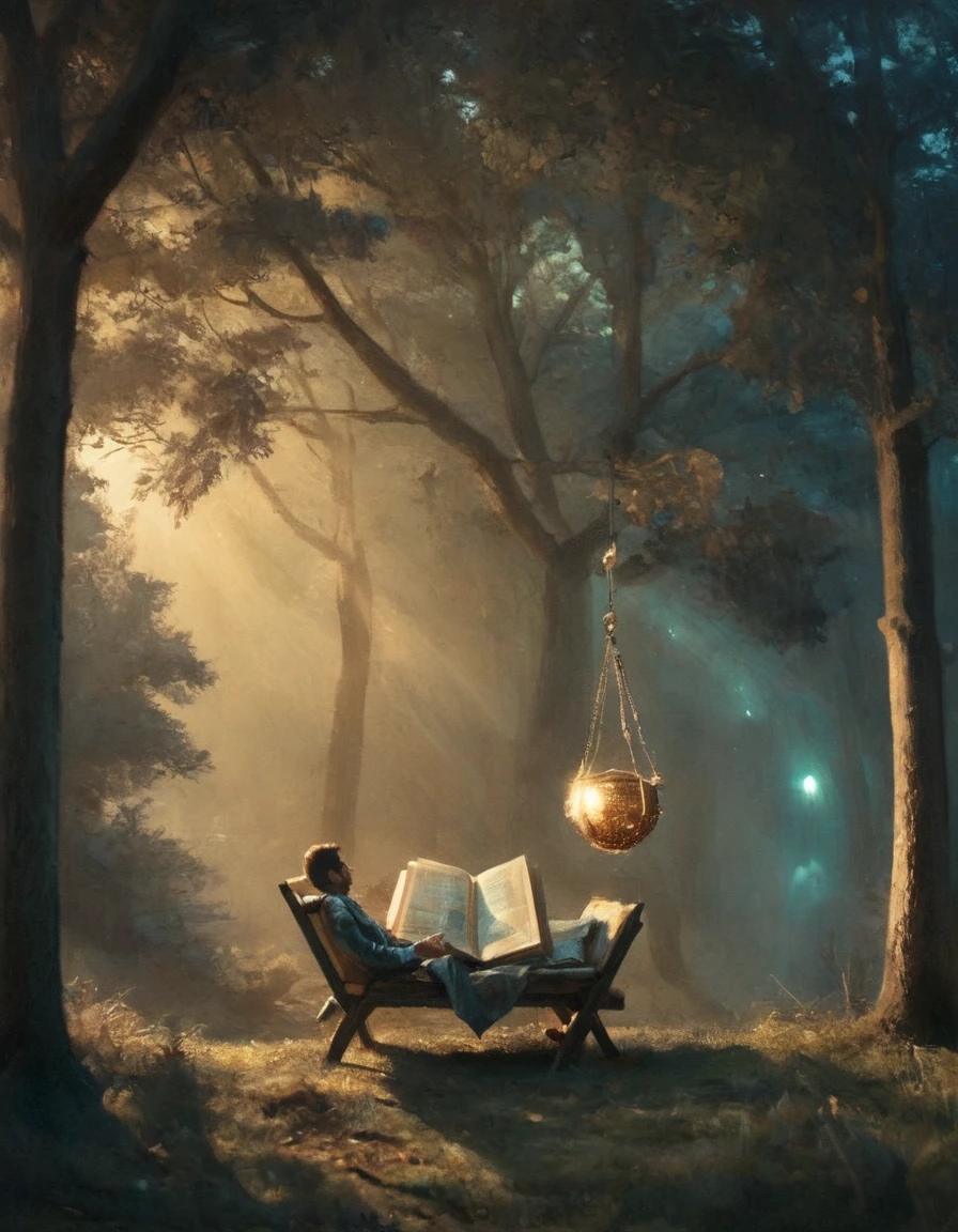 Hyperreal digital art style, "Fairytale", fantasy world coming out of centered book, open book, hyperdetailed double exposure fantasy illustration, masterpiece, cinematic, by Andreas Lie, Luke Gram, photorealism, backlit, gorgeous light, a man resting in a hammock reading a book
