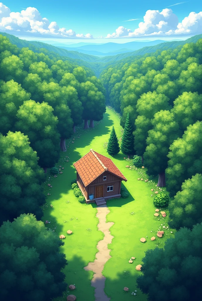 The image is an aerial view of a beautiful landscape. The sky is blue and the horizon is visible in the distance. The landscape is covered in green trees and shrubs, and there is a small cabin in the center of the image. The cabin is made of wood and has a sloping roof. The grass is a lush green color and appears to be well-maintained. The trees are tall and densely packed together, creating a dense canopy over the cabin. The overall impression is peaceful and serene.