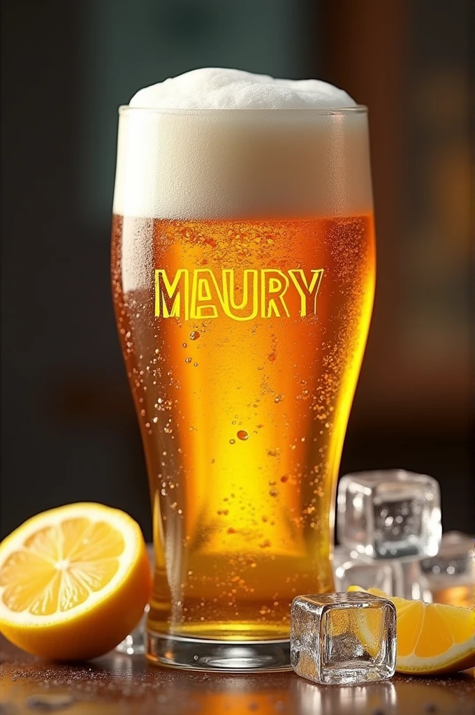 Name MAURY inside a beer glass filled with foam liquid, lemon, with ice, 4k