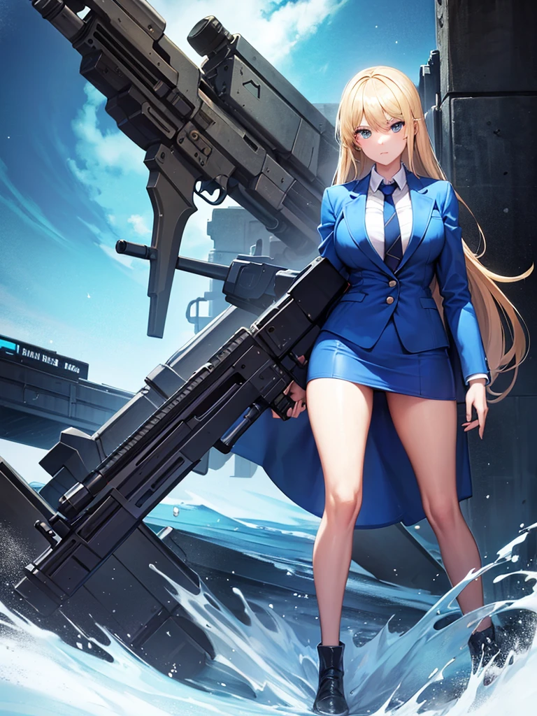 Blonde girl in a blue suit with a big gun 80s aesthetic