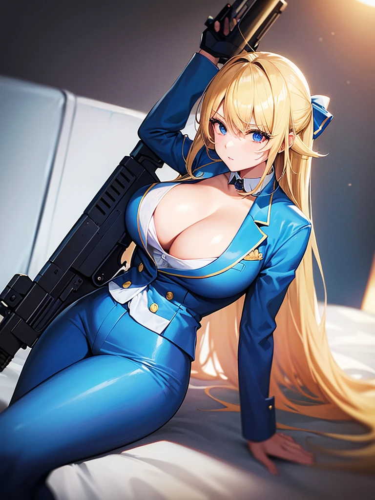 Blonde girl in a blue suit with a big gun 80s aesthetic