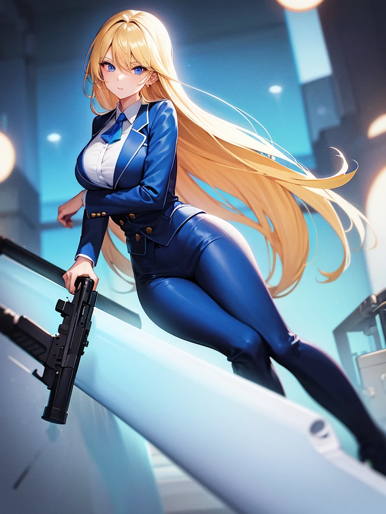 Blonde girl in a blue suit with a big gun 80s aesthetic