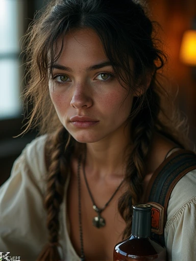 Rugged scruffy weathered 23 years old woman sailor, a portrait of a seawoman.She wears the blue uniform of a 17th-century ship's captain. capturing a slightly befuddled expression, she is sitting at the table next to her there is a bottle of whiskey, focus is on his facial expressions and the subtle details like the glint in his eyes, cozy, moody cinematic atmosphere, soft cinematic light, RAW photo, dreamy soft focus, detailed photo, gorgeous, shallow depth of field, bokeh, volumetric lighting, iridescent skin, (surreal:0.4), hyper detailed photorealistic life-like accurate proportional 8k sharp focus, (accurate cinematic lighting), photorealistic detail