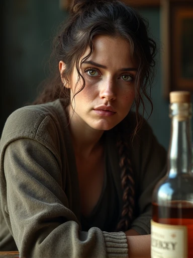Rugged scruffy weathered 23 years old woman sailor, a portrait of a seawoman.She wears the blue uniform of a 17th-century ship's captain.  capturing a slightly befuddled expression, she is sitting at the table next to her there is a bottle of whiskey, focus is on his facial expressions and the subtle details like the glint in his eyes, cozy, moody cinematic atmosphere, soft cinematic light, RAW photo, dreamy soft focus, detailed photo, gorgeous, shallow depth of field, bokeh, volumetric lighting, iridescent skin, (surreal:0.4), hyper detailed photorealistic life-like accurate proportional 8k sharp focus, (accurate cinematic lighting), photorealistic detail