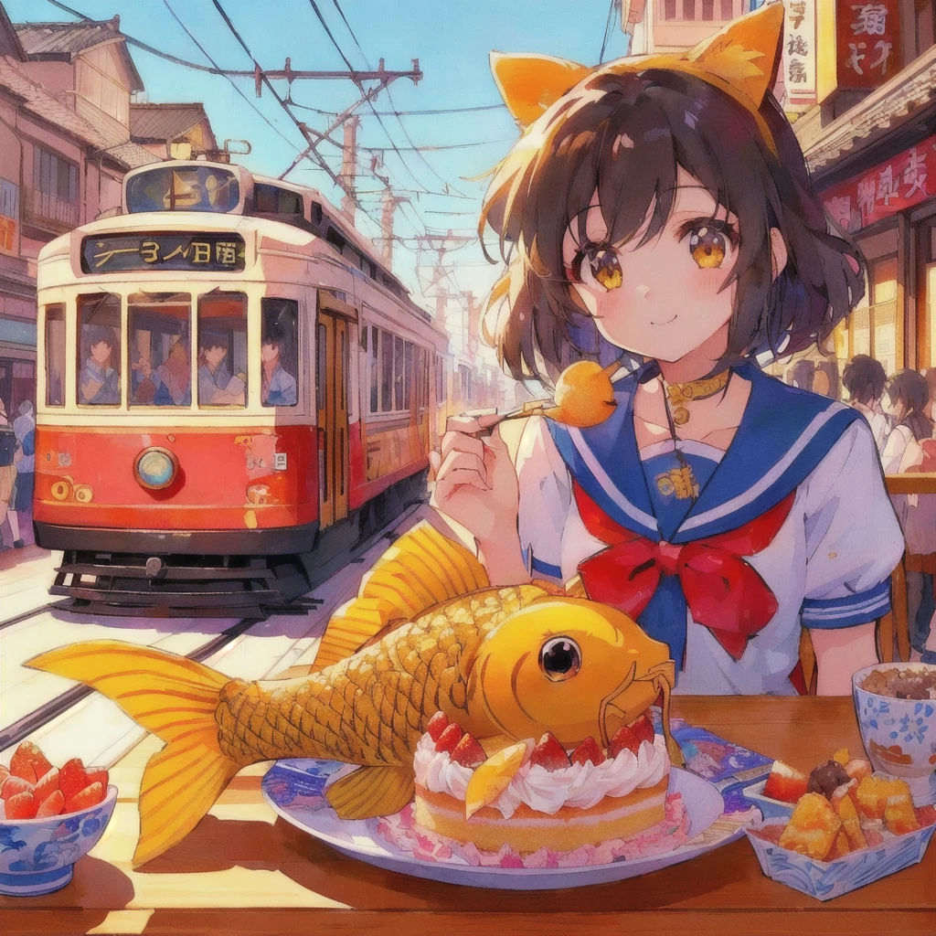 Anime girl eating a goldfish and strawberry cake with a tram in the background, Anime Style 4 k, Anime Food, Trending Anime Art, Beautiful and detailed anime art, Anime Style illustration, Anime Art Wallpapers 8K, Retro Anime Girls, 80年代のAnime Style, Anime Style. 8k, Very Beautiful Anime Cat Girl, Cute anime cat girl, Realistic Anime 3D Style, Cute anime visuals
