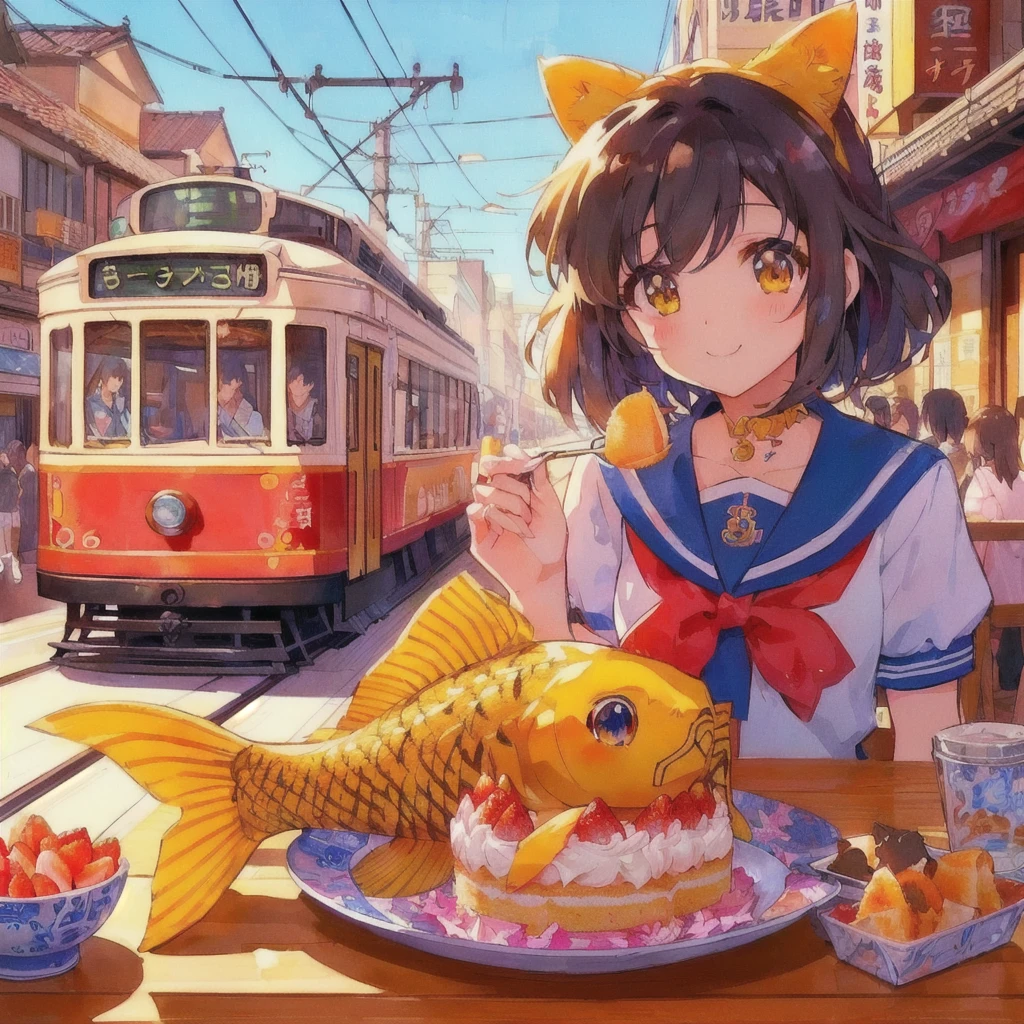 Anime girl eating a goldfish and strawberry cake with a tram in the background, Anime Style 4 k, Anime Food, Trending Anime Art, Beautiful and detailed anime art, Anime Style illustration, Anime Art Wallpapers 8K, Retro Anime Girls, 80年代のAnime Style, Anime Style. 8k, Very Beautiful Anime Cat Girl, Cute anime cat girl, Realistic Anime 3D Style, Cute anime visuals