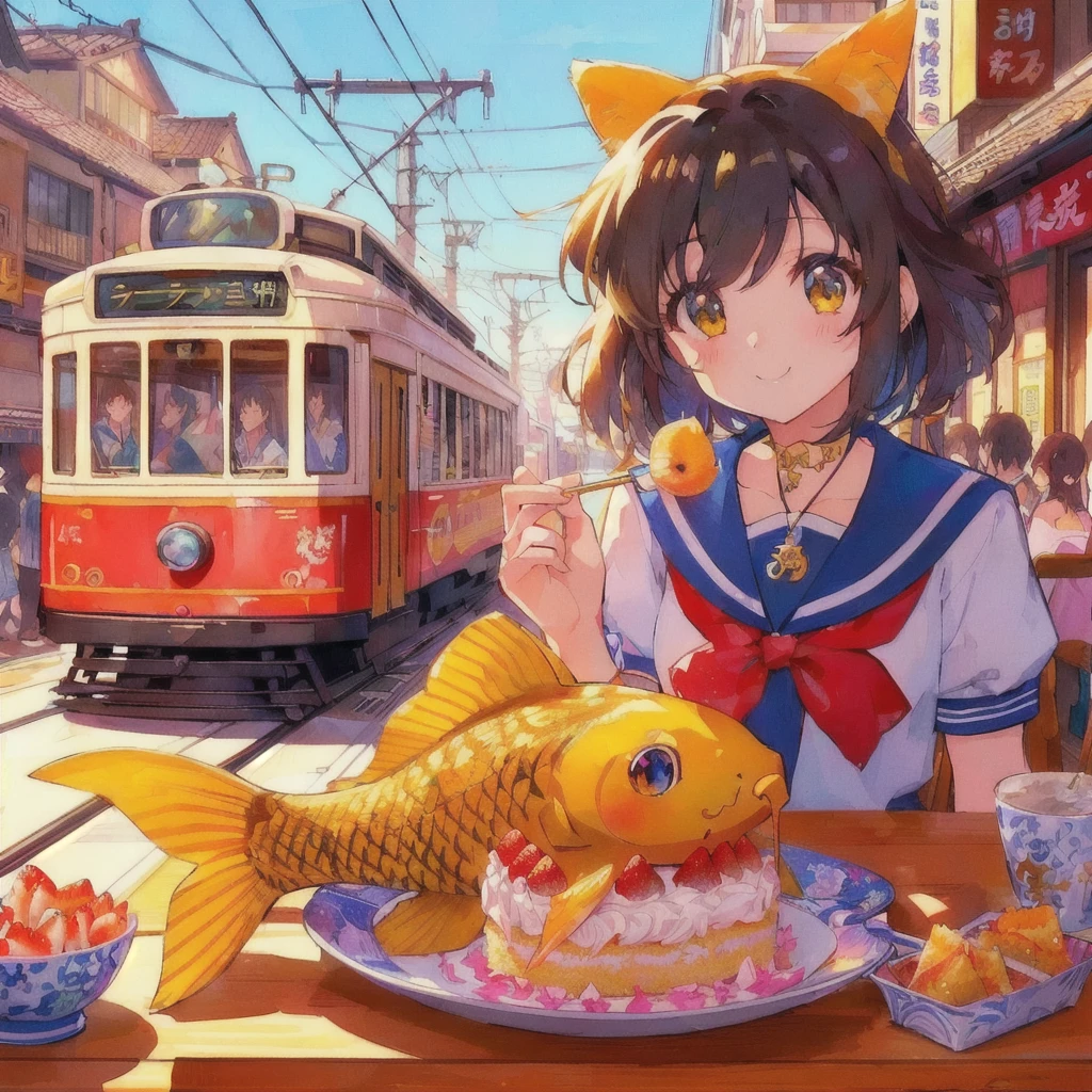 Anime girl eating a goldfish and strawberry cake with a tram in the background, Anime Style 4 k, Anime Food, Trending Anime Art, Beautiful and detailed anime art, Anime Style illustration, Anime Art Wallpapers 8K, Retro Anime Girls, 80年代のAnime Style, Anime Style. 8k, Very Beautiful Anime Cat Girl, Cute anime cat girl, Realistic Anime 3D Style, Cute anime visuals