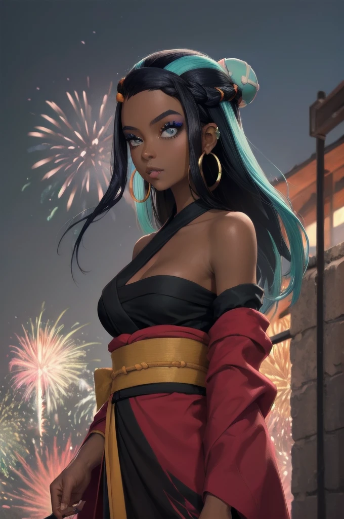 masterpiece, best quality, solo, 1girl, nessarnd, dark skin, makeup, single hair bun, kimono, hoop earrings,medium breasts, bare shoulders, fireworks 